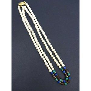 G Silver Faux Pearl Green/Red/Blue Accent Necklace